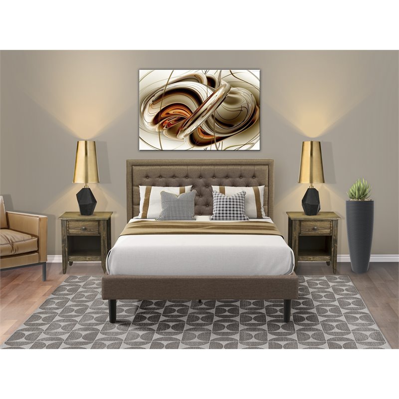 Pemberly Row 3-Piece Wood Queen Bed Set with Brown Linen Headboard