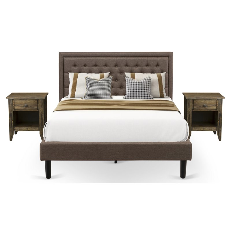 Pemberly Row 3-Piece Wood Queen Bed Set with Brown Linen Headboard