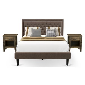 Pemberly Row 3-Piece Wood Queen Bed Set with Brown Linen Headboard