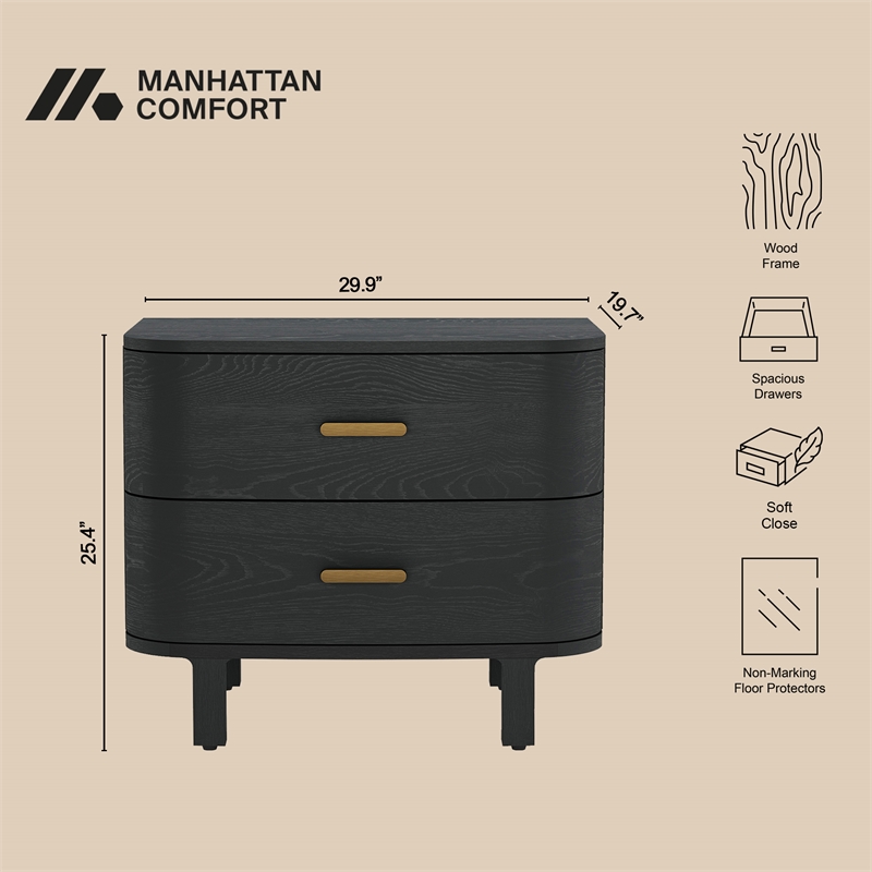 Pemberly Row 30 Inch Wood 2-Drawer Nightstand in Black Oak Veneer Finish