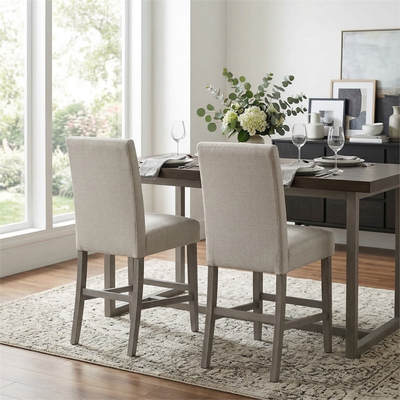 Pemberly Row Set of 2 Bar Stools with Grey Upholstery and Acacia Frame