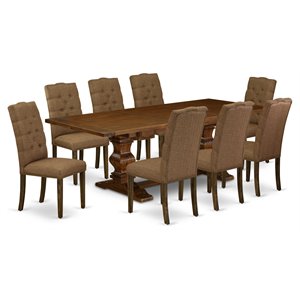 Pemberly Row 9-Piece Wood Dining Set in Walnut with Brown Beige Chairs