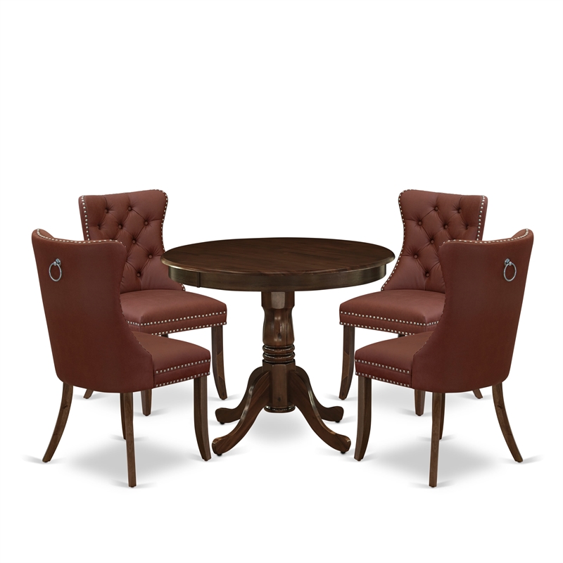 Pemberly Row 5-Piece Kitchen Table Set in Antique Walnut and Burgundy