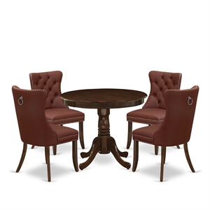 Pemberly Row 5-Piece Kitchen Table Set in Antique Walnut and Burgundy