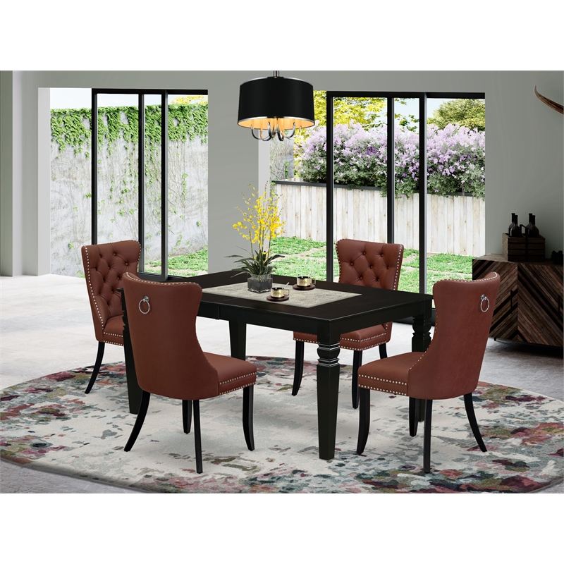 Pemberly Row 5-Piece Dining Set in Black with Burgundy Faux Leather Seats