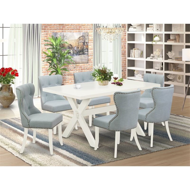 Pemberly Row 7-Piece Wood Dining Set with Linen Seat in Baby Blue