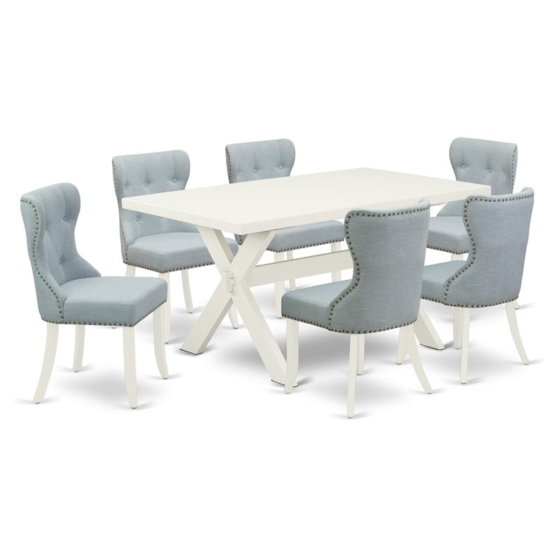 Pemberly Row 7-Piece Wood Dining Set with Linen Seat in Baby Blue