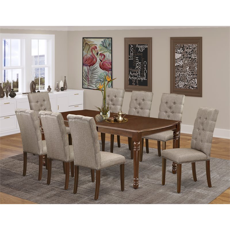 Pemberly Row Mahogany 9-Piece Wood Dining Set with Dark Khaki Chairs