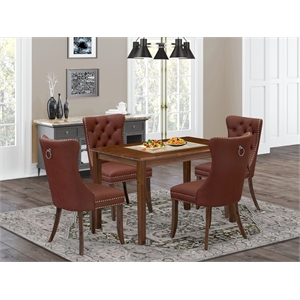 Pemberly Row 5-Piece Antique Walnut Dining Set with Burgundy Chairs