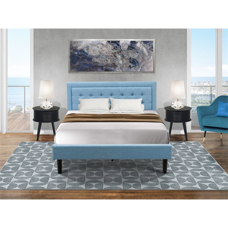 Pemberly Row 3-Piece Wood Bedroom Set with Denim Blue Bed and Nightstands