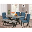 Pemberly Row 6-Piece Dining Set with Bench in Cement/Black Mineral Blue