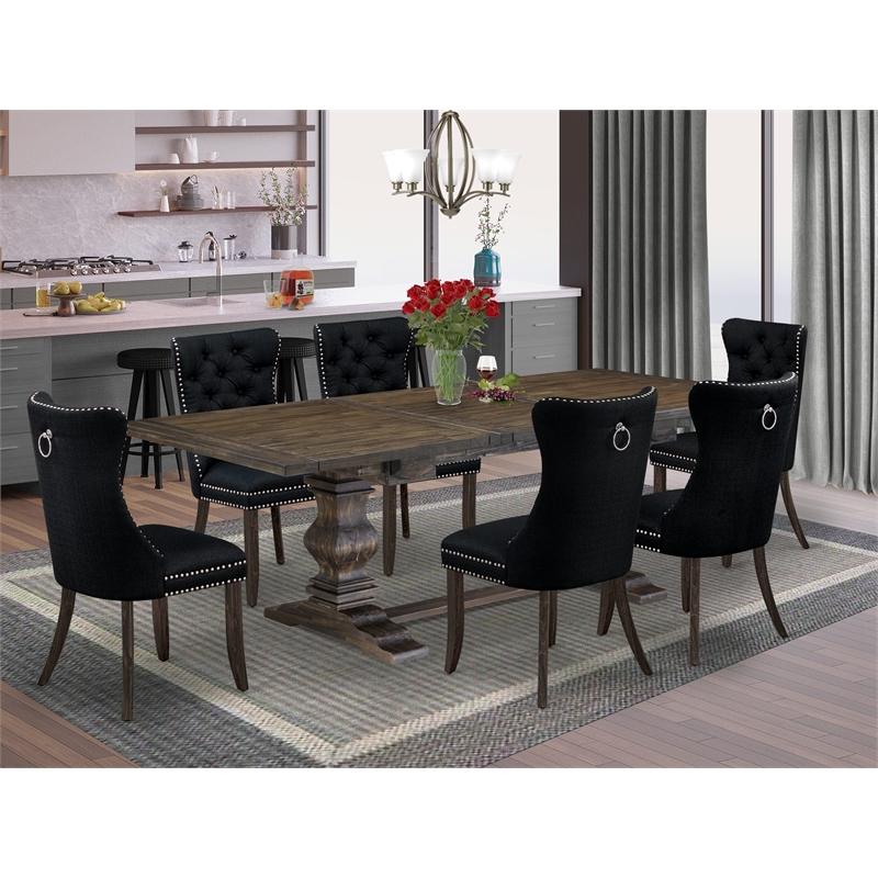 Pemberly Row 7-Piece Distressed Jacobean Dining Table Set with Black Chairs
