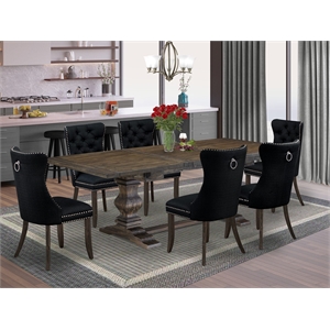 Pemberly Row 7-Piece Distressed Jacobean Dining Table Set with Black Chairs