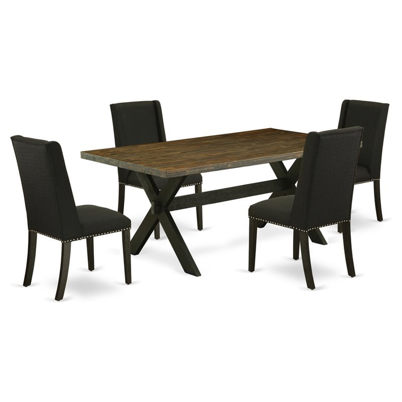 Pemberly Row 5-Piece Wire Brushed Black Wood Dining Set with Linen Chairs