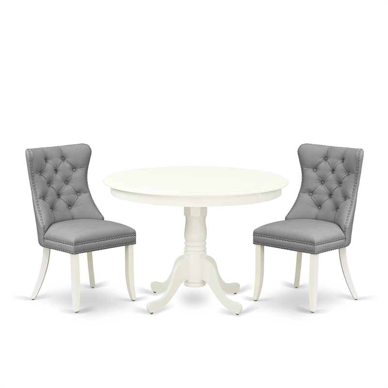 Pemberly Row 3-Piece Kitchen Set with Round Pedestal Table in Linen White