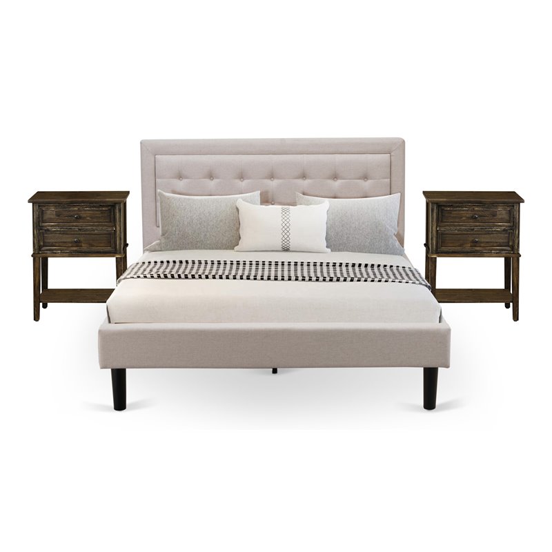 Pemberly Row 3-Piece Wood Bedroom Set with End Tables in Beige