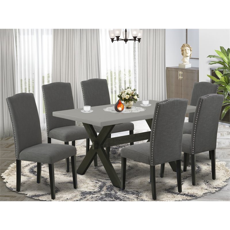Pemberly Row X-Style 7-Piece Wood Dining Set in Dark Gotham Gray and Cement