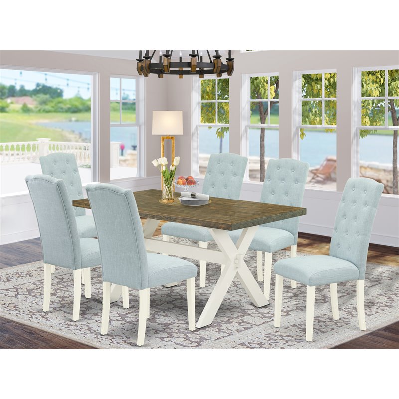 Pemberly Row 7-Piece Dining Set with Rectangular Table and Blue Chairs