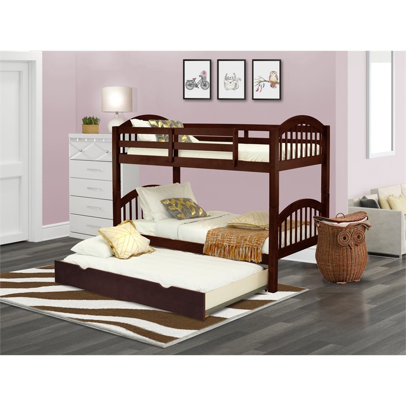 Pemberly Row Twin Wood Bunk Bed with Drawers & Guard Rails in Java Finish