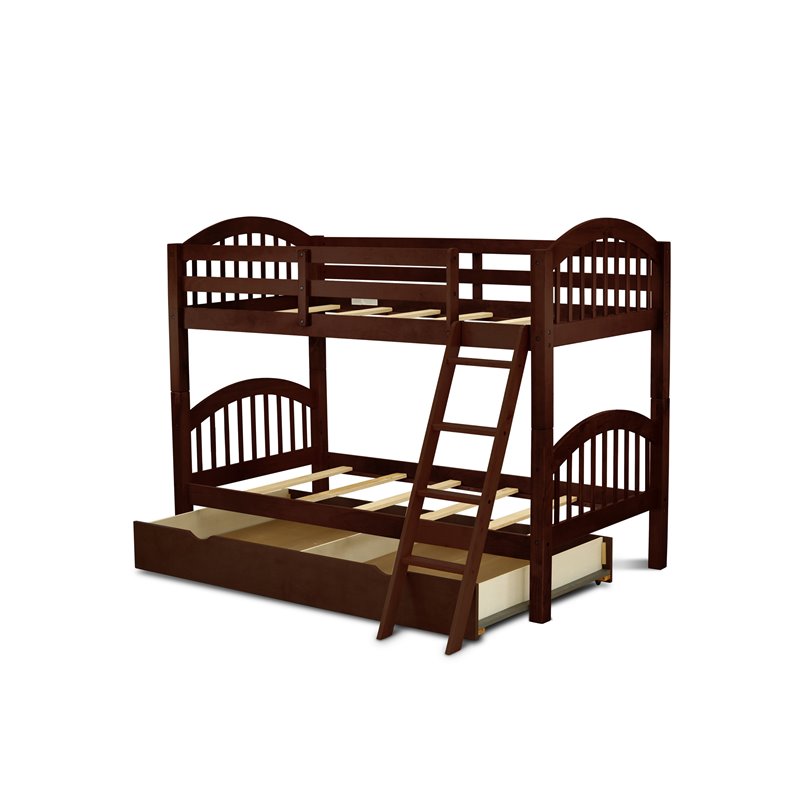 Pemberly Row Twin Wood Bunk Bed with Drawers & Guard Rails in Java Finish