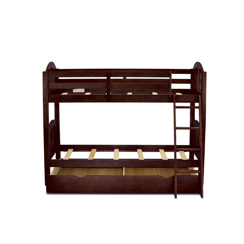 Pemberly Row Twin Wood Bunk Bed with Drawers & Guard Rails in Java Finish