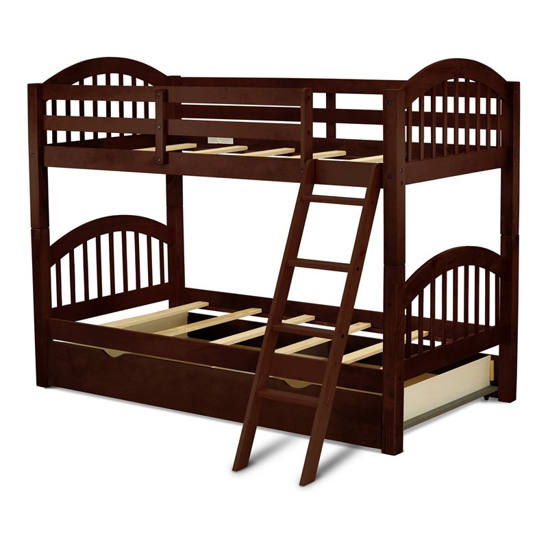 Pemberly Row Twin Wood Bunk Bed with Drawers & Guard Rails in Java Finish