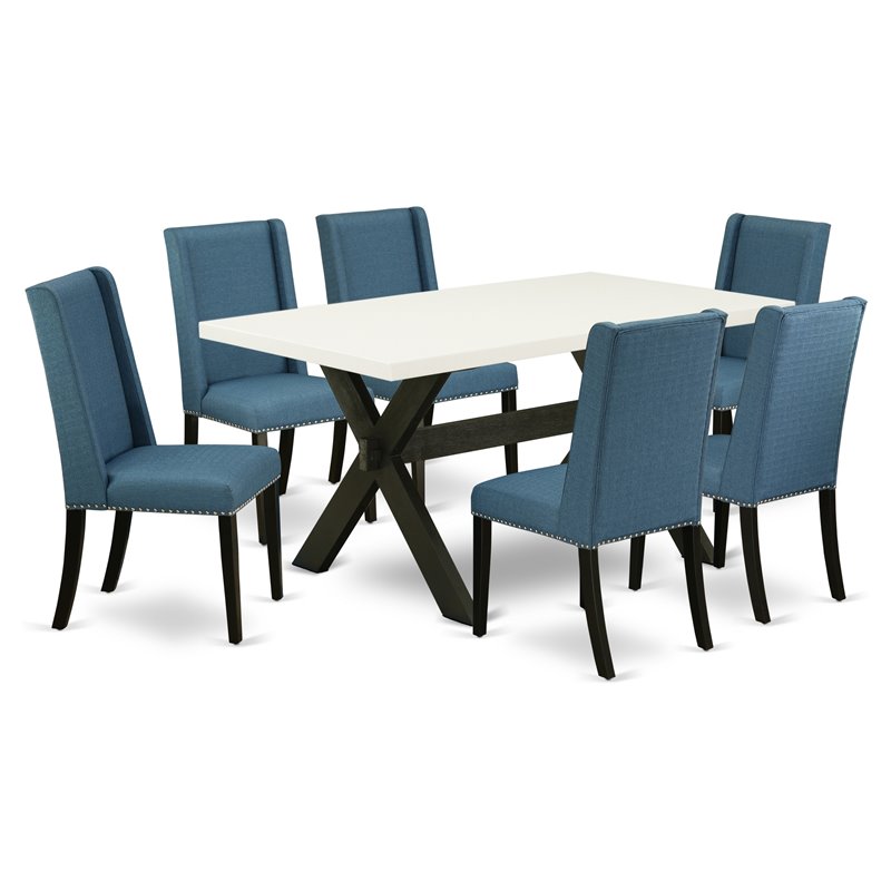 Pemberly Row 7-Piece Wood Dining Table Set in Black and Mineral Blue