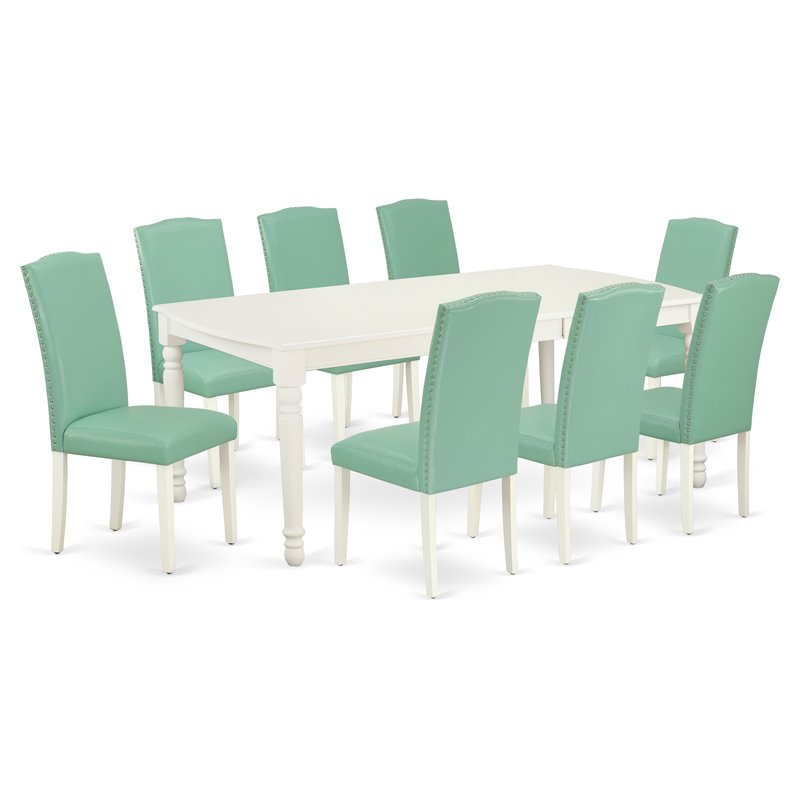 Pemberly Row 9-Piece Wood Dining Set in Linen White with Pond Blue Chairs