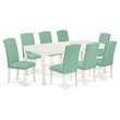 Pemberly Row 9-Piece Wood Dining Set in Linen White with Pond Blue Chairs