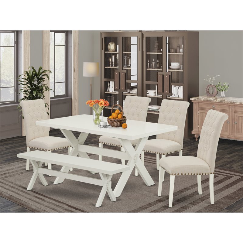 Pemberly Row 6-Piece Rectangular Dining Table Set with Bench in Linen White
