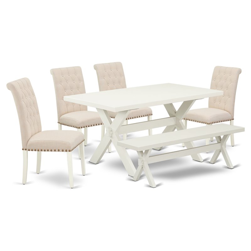 Pemberly Row 6-Piece Rectangular Dining Table Set with Bench in Linen White