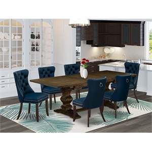 Pemberly Row 7-Piece Dining Set with Distressed Jacobean & Blue Chairs