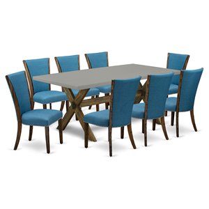 Pemberly Row 9-Piece Dining Set with Distressed Jacobean and Blue Seats