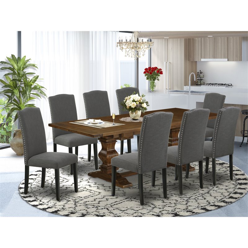 Pemberly Row 9-Piece Wood Dining Set in Antique Walnut and Dark Gray