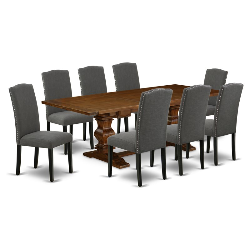 Pemberly Row 9-Piece Wood Dining Set in Antique Walnut and Dark Gray