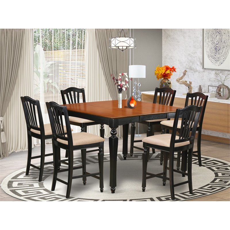 Pemberly Row 7-Piece Wood Dining Set in Black/Cherry & Beige Finish