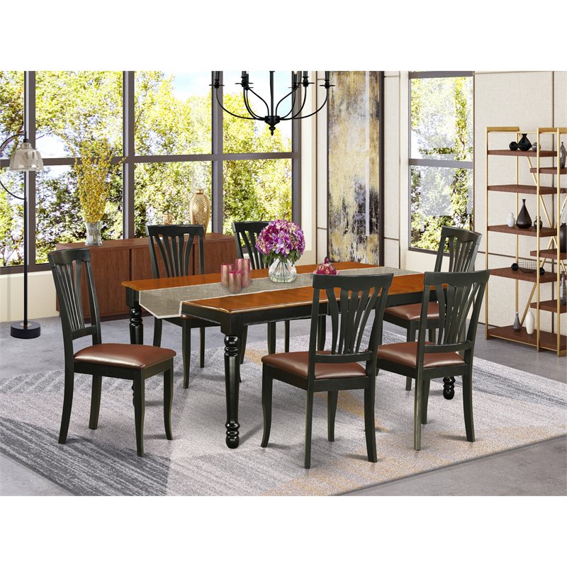 Pemberly Row 7-Piece Dining Set with Leather Seats in Black/Cherry Wood
