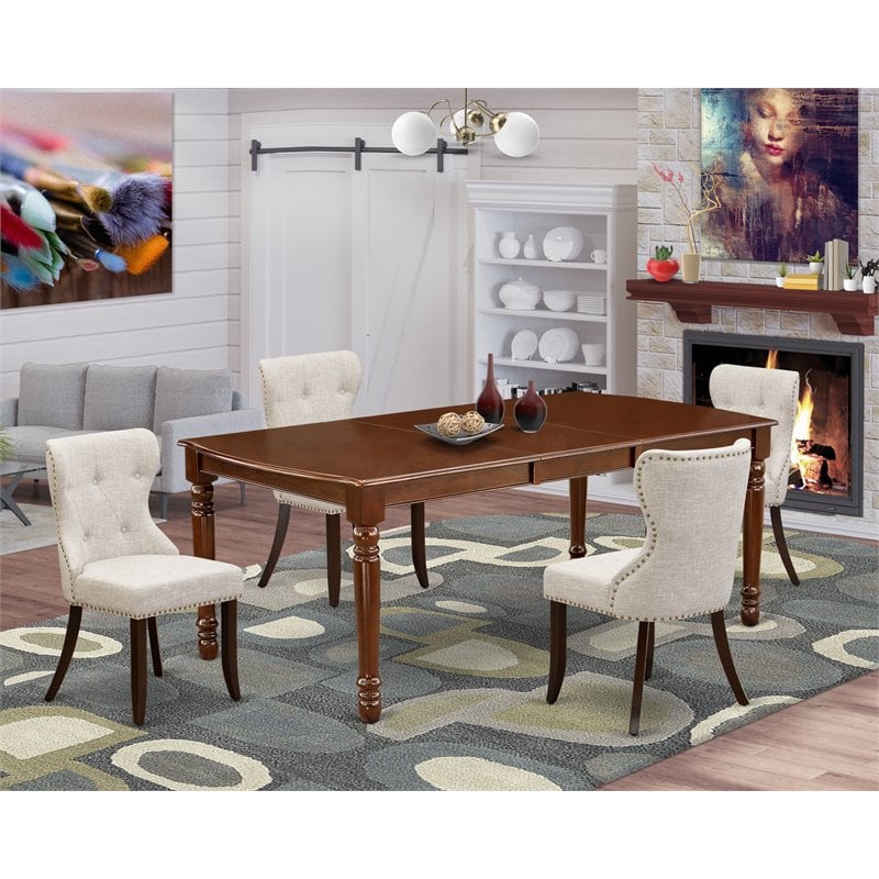 Pemberly Row 5-Piece Wood Dining Set in Mahogany with Linen Upholstery