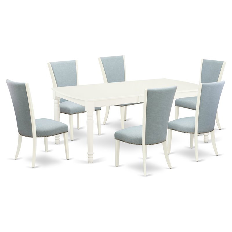Pemberly Row 7-Piece Wood Dining Set in Linen White with Baby Blue Chairs