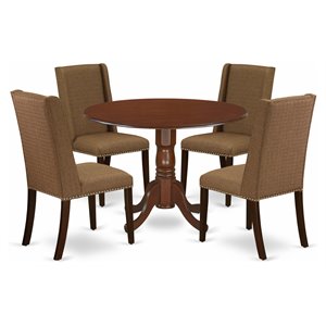 Pemberly Row 5-Piece Wood Dining Set in Mahogany Finish with Beige Cushions