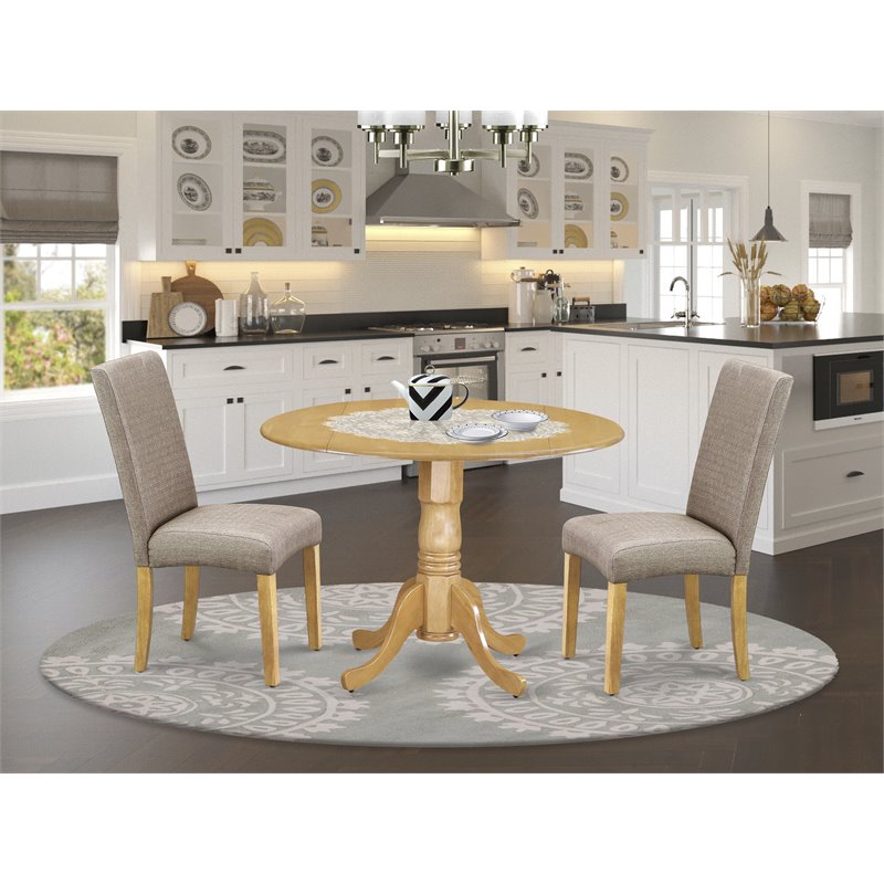 Pemberly Row 3-Piece Oak Dining Set with Dark Khaki Upholstered Chairs
