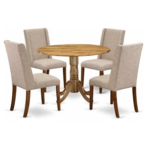 Pemberly Row 5-Piece Wood Dining Set with Linen Chairs in Natural