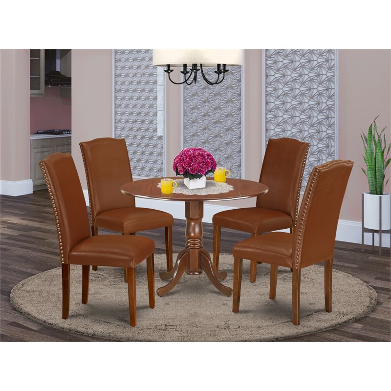 Pemberly Row 5-Piece Mahogany Round Wood Dining Set with PU Leather Chairs