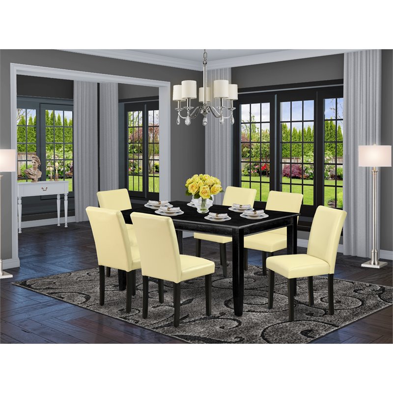 Pemberly Row 7-Piece Wood Dining Set with Leather Chairs in Black/Eggnog