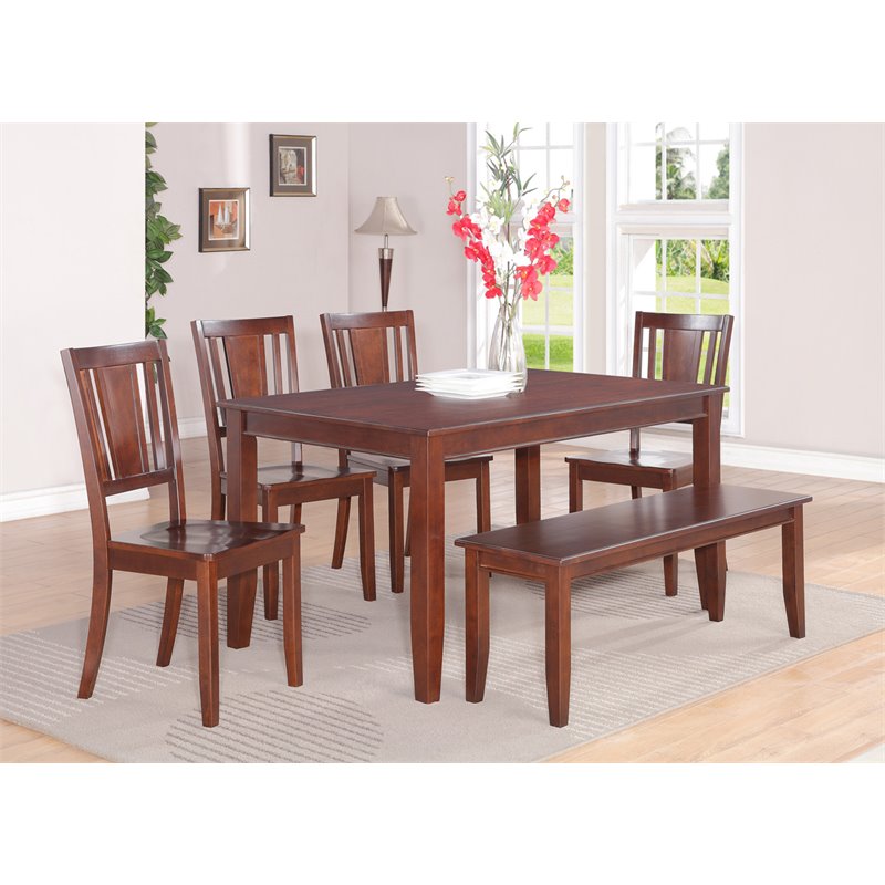 Pemberly Row 6-Piece Dining Set with Wood Seat in Mahogany Finish