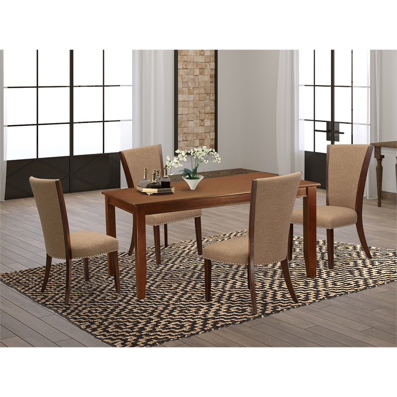 Pemberly Row 5-Piece Wooden Dining Set in Mahogany Finish with Linen Seats