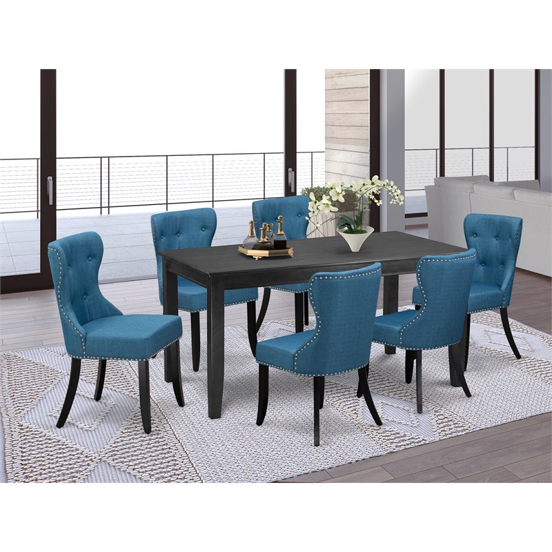 Pemberly Row 7-Piece Wood Dining Set in Black and Mineral Blue