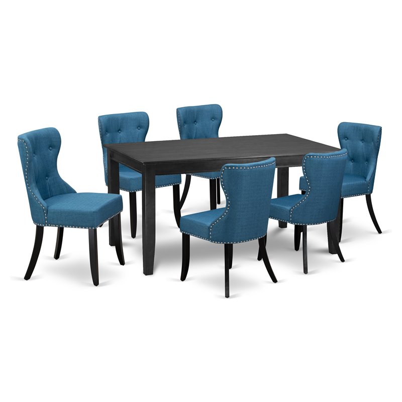 Pemberly Row 7-Piece Wood Dining Set in Black and Mineral Blue