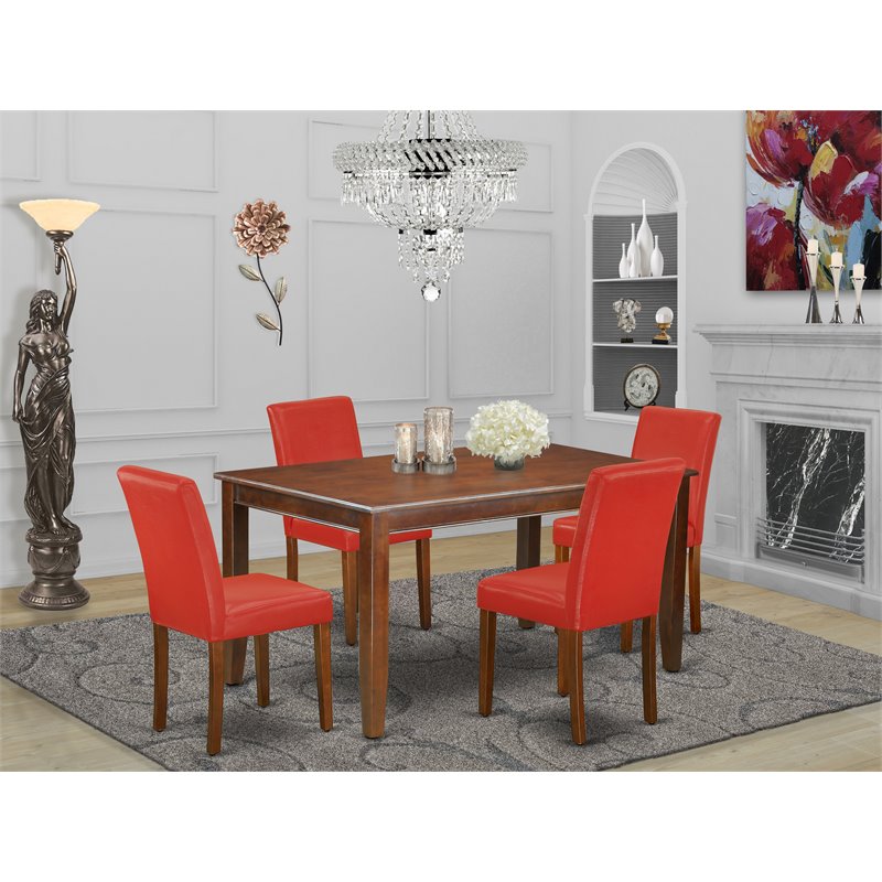 Pemberly Row 5-Piece Mahogany Wood Dining Set with Firebrick Red PU Seats