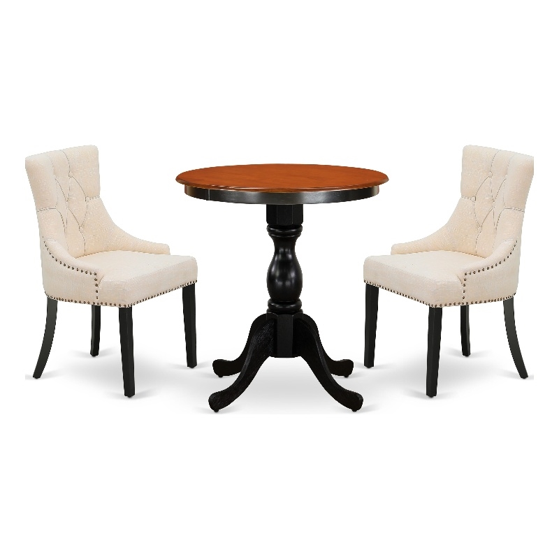 Pemberly Row 3-Piece Wood Dining Set with Linen Chairs in Black & Cherry